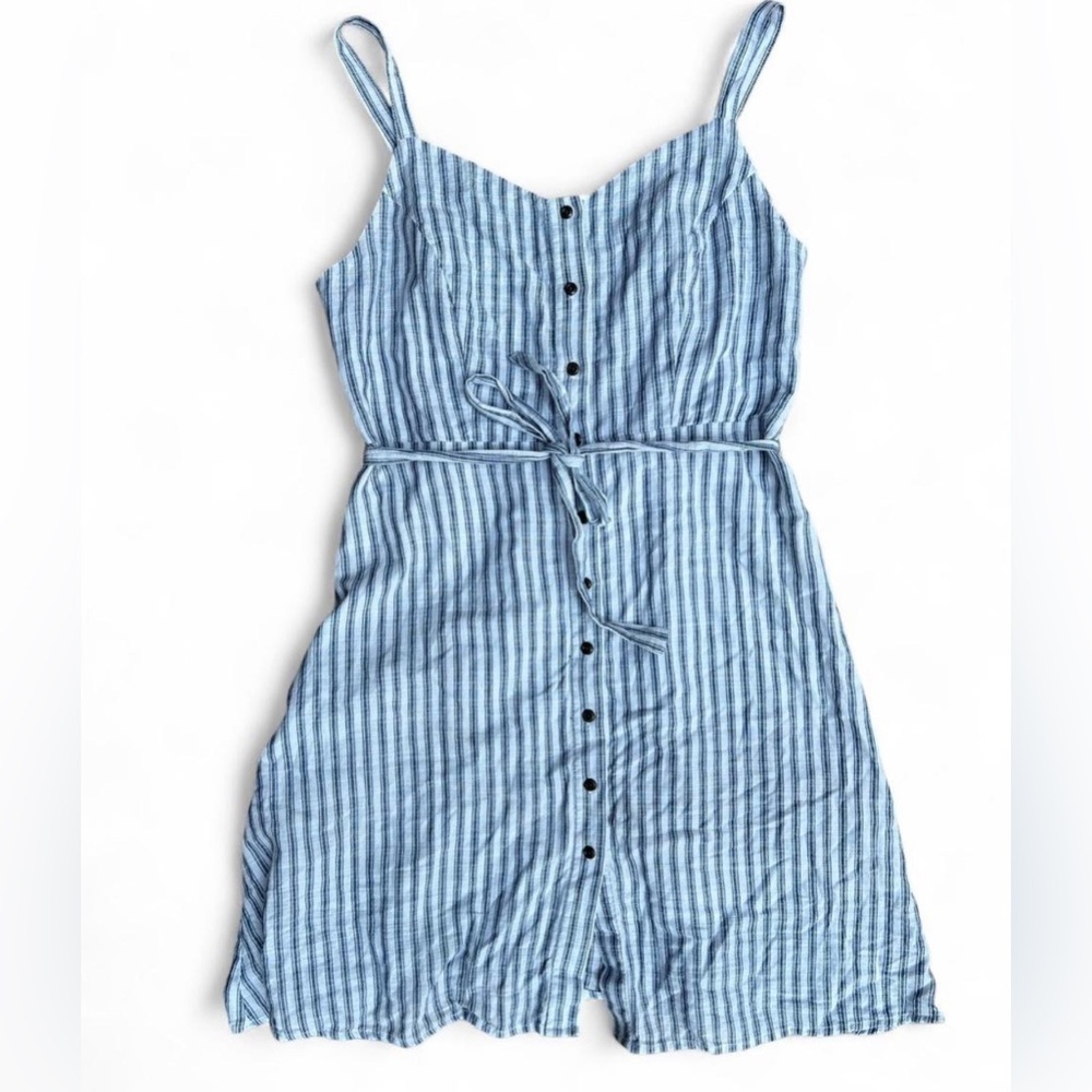 Old Navy Blue Striped Cotton Mini Dress Button Front Tie Petite L - Picture 6 of 13